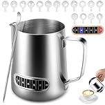 Anpro Milk Frothing Pitcher,350 ml/12 oz 304 Stainless Steel Milk Pitcher with Thermometer,Latte Decorating Art Pen and 16 Pcs Coffee Stencils,Metal Barista Accessories for Coffee,Latte & Cappuccino