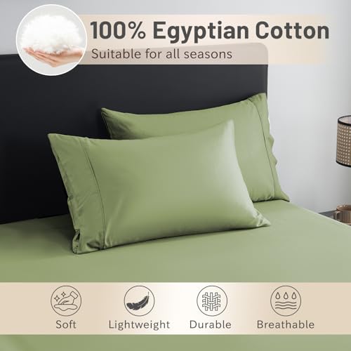 MEISHANG Extra Deep Pocket Queen Sheets Cotton - 1000 Thread Count Sheet Set - Fits 18"-24" in Deep Mattress,100% Egyptian Cotton,Sateen Weave, Soft & Breathable - 4 Piece (Queen, Olive Green)