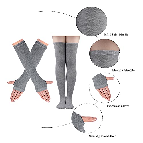 Elfcool 2/4 Sets Womens Long Striped Knee High Socks Knit Fingerless Arm Warmers for Halloween Christmas2