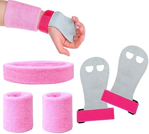 5 Pieces Gymnastics Grips Wristbands Sweatband Headband Set for Girls Pink Gymnastic Hand Grips Gymnastics Wrist Support Sports Accessories for Kettlebells, Weightlifting Tennis, Workout and Exercise