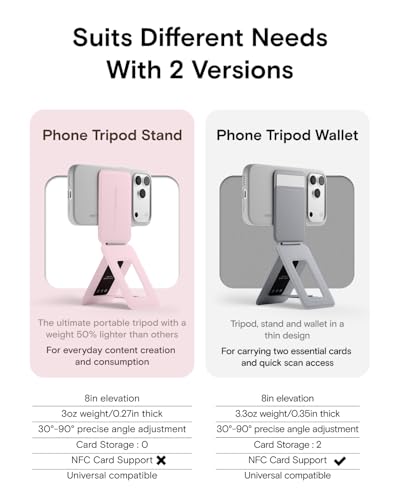 Image of MOFT Phone Tripod Stand Selfie Stick for iPhone, Multi-Angles iPhone Stand, Lightweight & Portable Phone Holder, Strong Magnets, MOVAS Vegan Leather, Travel Essentials, Light Pink (Without Card Slot)