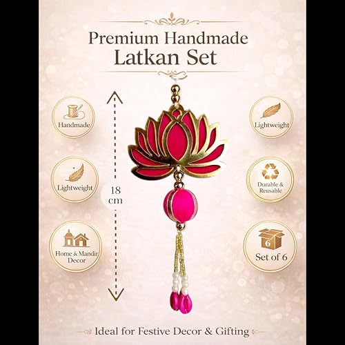 Image of Handcrafted Decorative Wall Decor Hanging Ornament for Ganpati Diwali Navratri and Pooja Setup Ethnic Hanging for Home Entrance and Mandir Temple Decor Set of 6 Lotus MDF Wood with Beads and Pearls