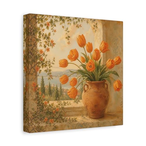 Tulipes orange toile murale fleurie vintage salon 25x25cm