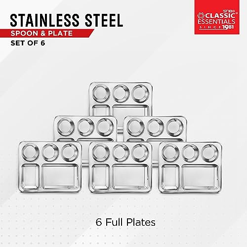 Image of CLASSIC ESSENTIALS Stainless Steel Compartment Plate Bhojan Thali (Five-in-One), Lunch /Dinner Plate | Pack of 6