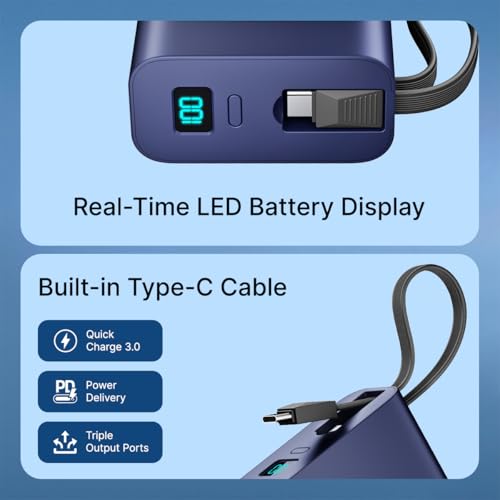 Image of pTron Dynamo Ultima 20000mAh Pocket Size Nano Power Bank, 22.5W Superfast Charging, 20W Type-C /PD Fast Charging, Built-in Type C Cable, Also Supports VOOC /Wrap /Dash /QC3.0 /PPS Charge Protocols (Blue)