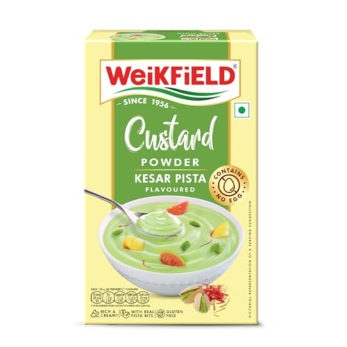 Image of Weikfield Custard Powder | Kesar Pista Flavour | Makes Smooth & Creamy Custard | Contains Quality Ingredients | Best For Fruit Salads & Puddings | 100% Vegetarian | 75g Carton
