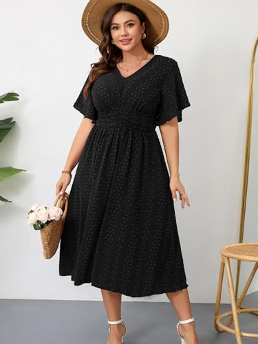 Image of RWJ Women's Plus Size Maxi Dress V Neck Short Sleeve Swiss Dot A Line High Waist Boho Swing Casual Summer Dresses