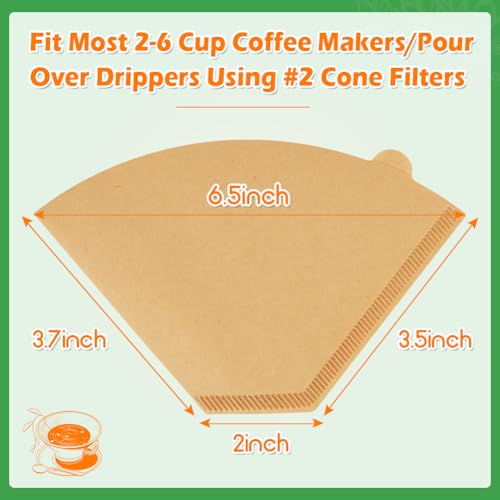 Image of BYKITCHEN 400PCS #2 Cone Coffee Filters, Natural Unbleached Disposable No 2 Small Cone Coffee Filter Paper, Compatible with 2-6 Cup Conical Shaped Coffee Dripper and Pour Over Brewers /Coffee Maker