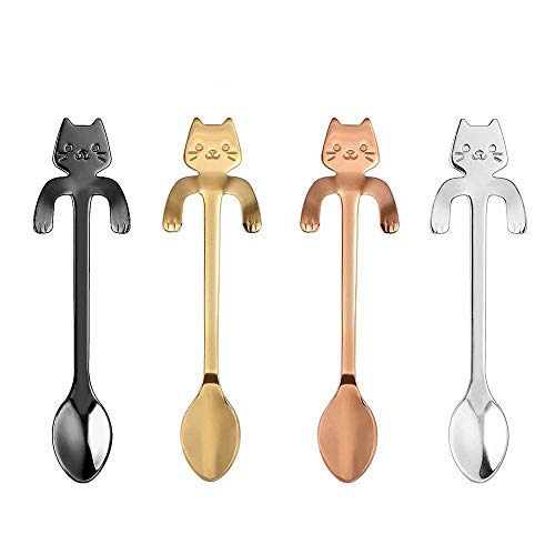 COMIART 4PCS Stainless Steel Mini Cat Kitten Design Stainless Steel Coffee/Tea/Dessert/Drink/Mixing/Milkshake Spoon Tableware Flatware Gadgets