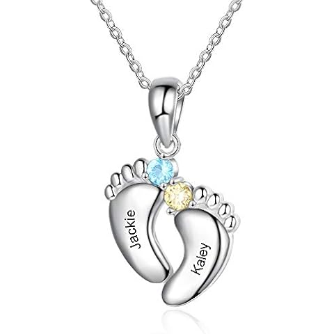 Jewelora Personalised 1/2/3/4/5/6 Names Neaklace Mother Necklace Baby Feet Necklace Women Pendant With Simulated Birthstones 925 Silver Jewelry Gift for Family Mother Wife (2 baby feet) Cover
