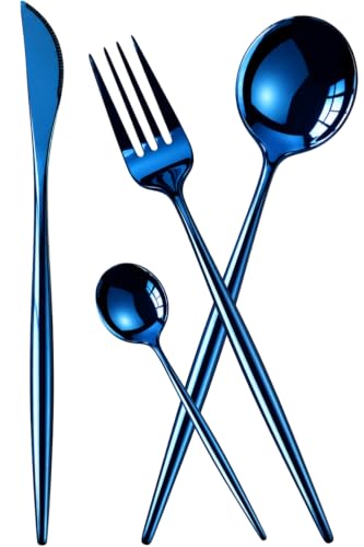 Image of Slim Handle Blue 4 Pcs Stainless Steel Cutlery Set for Dining Table, Dishwasher Safe Glossy Flatware (1 Spoon Set+1 Forks Set+1 Butter Knife+1 Dessert Spoon)