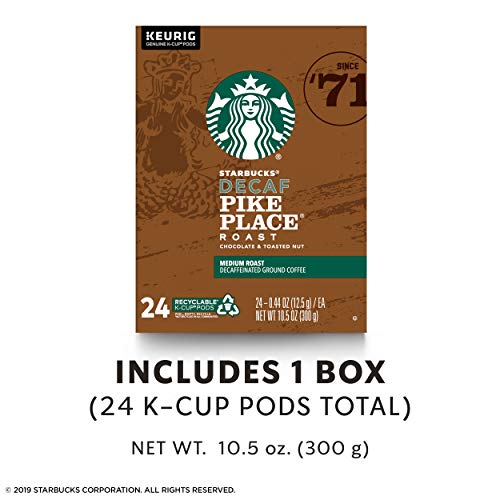 Starbucks Decaf K-Cup Coffee Pods — Pike Place Roast for Keurig Brewers — 1 box (24 pods)