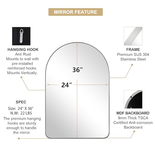 Image of Arched Mirror, 24 x 36 Inch Polished Chrome Bathroom Mirror with Stainless Steel Metal Frame, Arch Top Rounded Corner 1 Inch Deep Set Design Wall Mount Hangs Vertical
