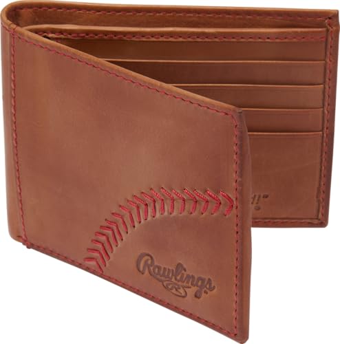 Rawlings | Mens Bifold Wallet Collection | Genuine Leather | Light Brown | Baseball Seam Stitch