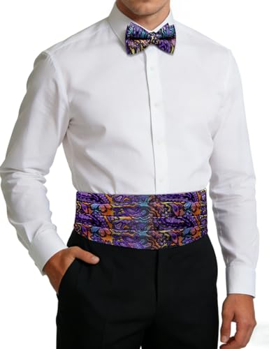 Image of Paisley Floral Tuxedo Cummerbund Bow Tie Pocket Square Set for Men | 3-piece set:cummerbund,bow tie&pocket square.Adjustable back for comfort.Silk blend,wedding,proms,black tie&formal events.