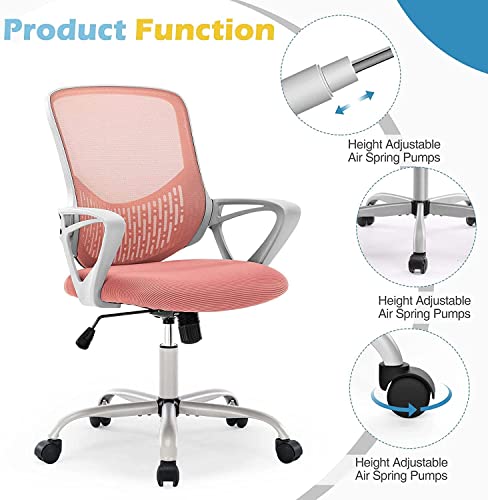 Ergonomic Office Chair - Home Desk Mesh Chair With Fixed Armrest, Executive Computer Chair With Soft Foam Seat Cushion And Lumbar Support, Pink #TOP4