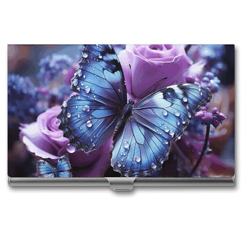 Business Card Holder Purple Rose with Beautiful Butterfly Business Card Case Slim Business Card Organizer with Magnetic Shut Professional Metal Name Card Holder Carry-on Pocket Wallet for Men Women
