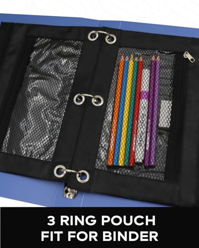 Image of 3 Ring Pencil Pouch for Binder, 2-Pocket Zipper Pencil Case with Clear Window & Mesh Pocket, Heavy Duty 600D Oxford Fabric Binder Pouch for School Office Supplies (Jet Black)