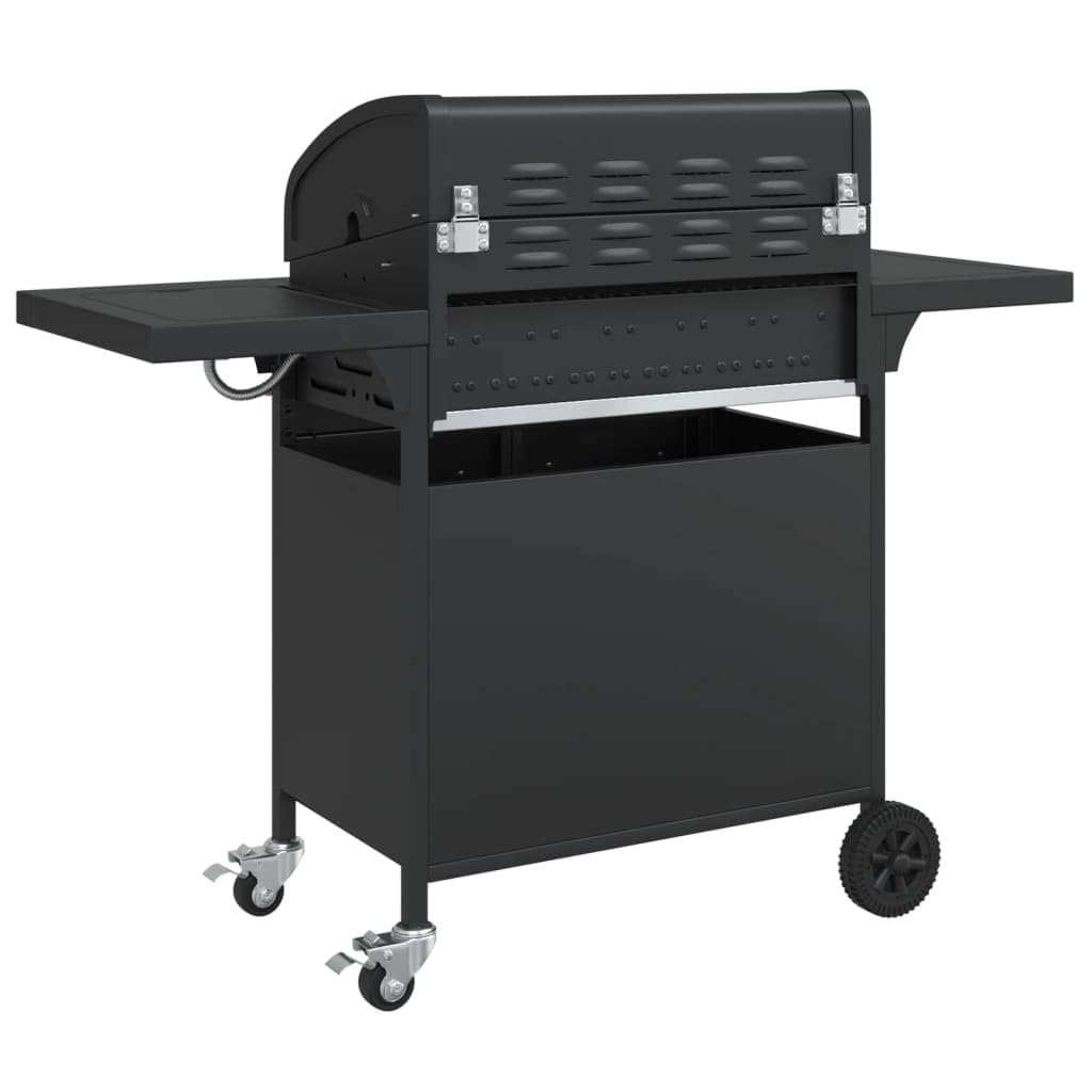 Barbecue a gas con 5 fiamme, 16 kW, per esterni, con termometro, ripiani laterali, ruote, acciaio verniciato a polvere, nero