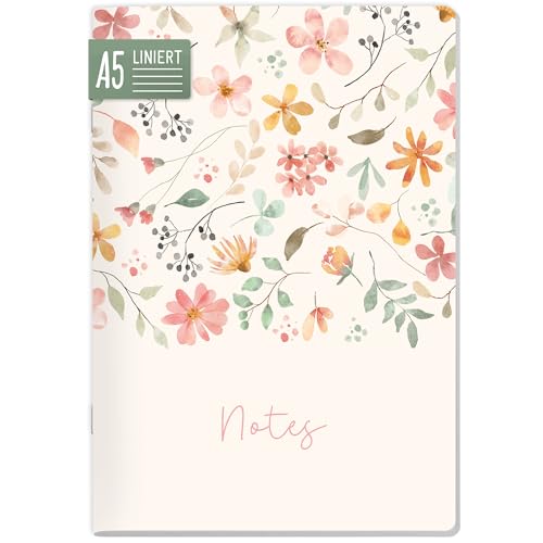 paper&you® Notizheft A5 liniert 64 Seiten, 90g/m² Premium-Papier, Notizbuch mit Softcover „Wild Blossoms“ für Schule, Büro & unterwegs – nachhaltig & klimafreundlich