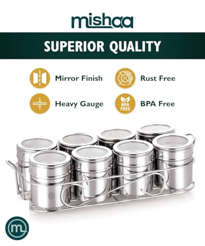 Image of Mishaa Steel Multipurpose Storage Containers - Perfect Organizer for Masala Spices, Herbs, Mouth Freshner, Dry Fruits, 130ml Each Airtight Containers with See-Through Lid (8IN1 RECTANGLE WIRESTAND)