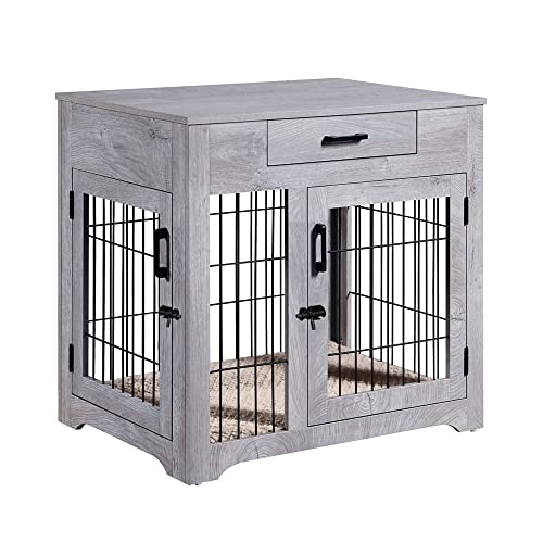 unipaws Furniture Style Dog Crate End Table with Drawer, Pet Kennels with Double Doors and Cushion, Dog House Indoor Use, Weathered Grey