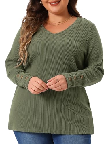 Agnes Orinda Plus Size Knit Tops for Women Long Sleeve V Neck Button Stretch Casual Pullover Sweater Blouses2