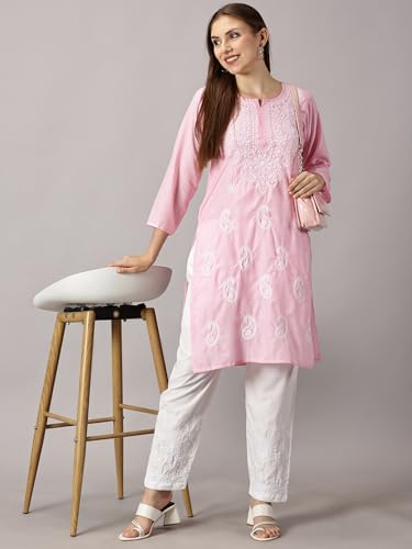 Image of FCH, Fashionable Chikan Handikraft Women's Cotton Lucknowi Chikankari Printed Straight Kurta for Regular Wear Girls Flared Kurta