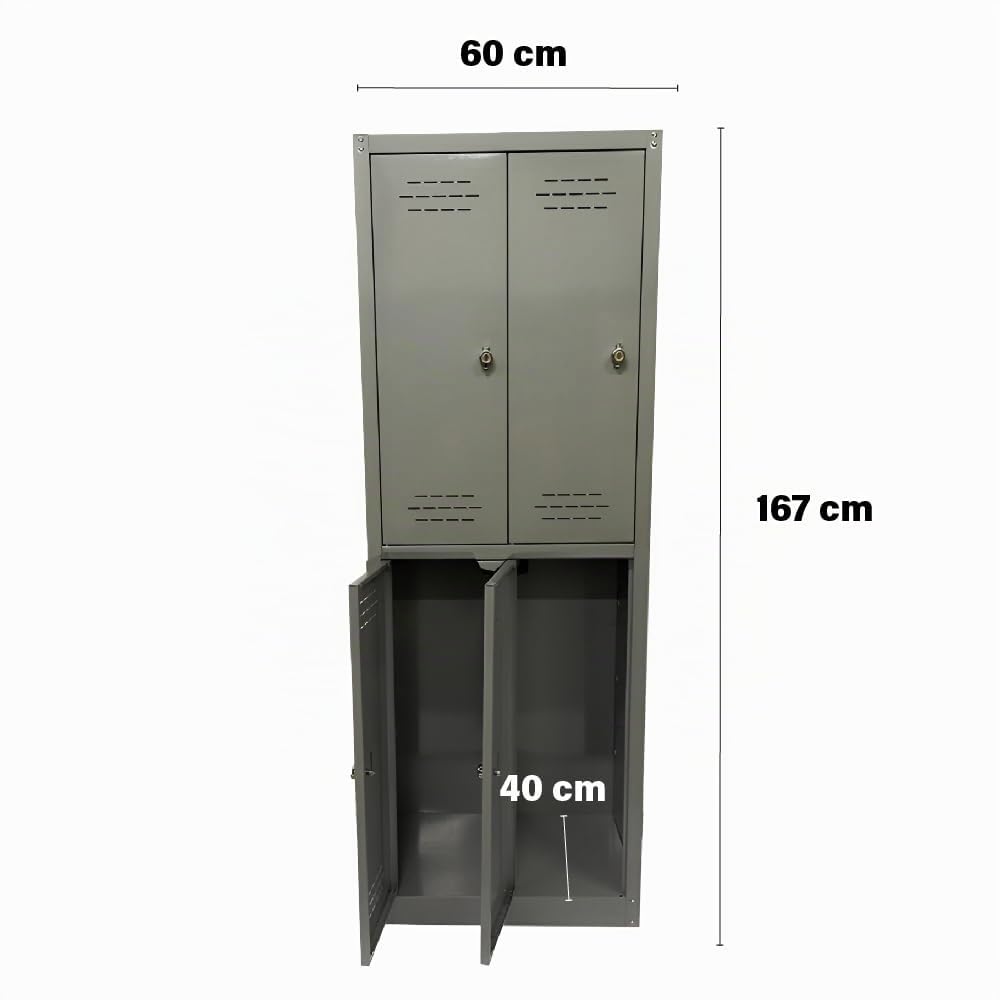 Armadio Spogliatoio - 4 Ripiani, Appendiabiti, Separatore, per Ufficio, Palestra, Aerazione Superiore ed Inferiore, Maniglia Lucchettabile, Kit ad Incastro, Bulloni - 60x40x167h cm (4 ante)