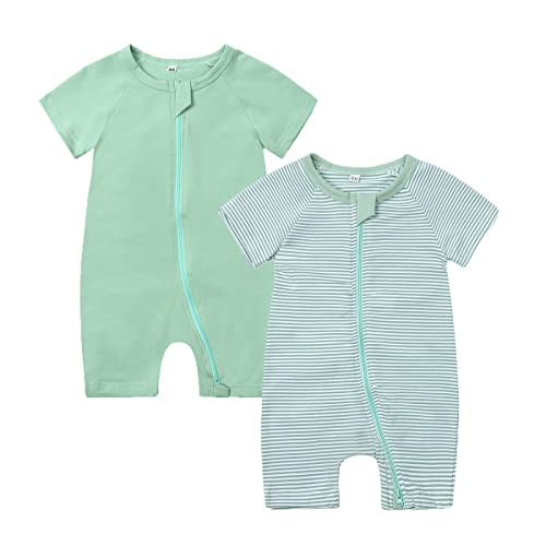 Image of Feidoog Baby Boys 2Pack Rompers Summer Short Sleeve 2 Way Zipper One-Piece Romper Jumpsuit Sleep and Play