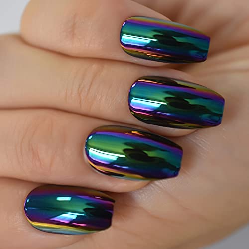 Ladgbp Press On Nails Medium Coffin Black Jade Green Chrome Full Cover Fake Nail Mirror False Nails Pre-Design For Women Girls Manicure For Festival Band Party 24 Pcs #TOP2