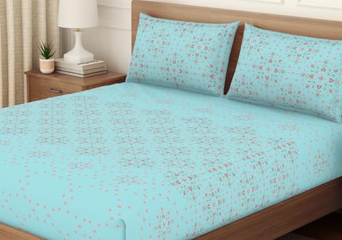 Image of Welspun ENZO Queen Size Fitted Bedsheet with 2 Pillow Covers | 360 Elastic | 100% Pure Cotton | 60 x 78 Inches | Soft, Breathable, Lightweight & Easy Care | Light Blue