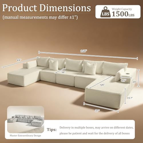 Image of 168 inch Cloud Sectional Couch, Comfort U Shaped Sofa for Living Room, Extra Deep Seats No Assembly, Minimalist Modular Couch, Corduroy (Cream, 7 Seats,U-Shape C)