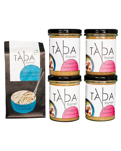 TADA Tonkotsu Ramen - 4x 350ml mild-cremige Ramen-Brühe, 250g Ramen Nudeln - Ohne Zusatzstoffe - Schnelle Zubereitung - Steffen Hensslers Favorit