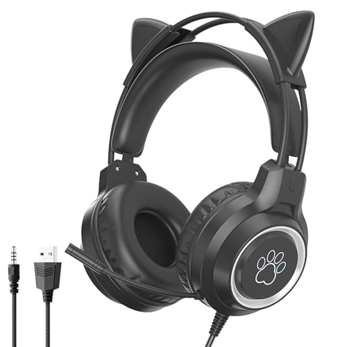有線イヤフォン ヘッドホン 猫耳ヘッドホン ゲーミングヘッドセット 子供用ヘッドフォン 40MMスピーカー 携帯便利 3.5mm有線 マイク/RGBライト付き USBポート搭載 PS4/PS5/Switch/Xbox/PC対応 在宅勤務 オンライン授業 男