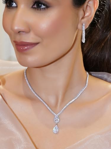 Image of Rubans White Zircon Studded Necklace Set Earrings Stylish Jewellery Gift