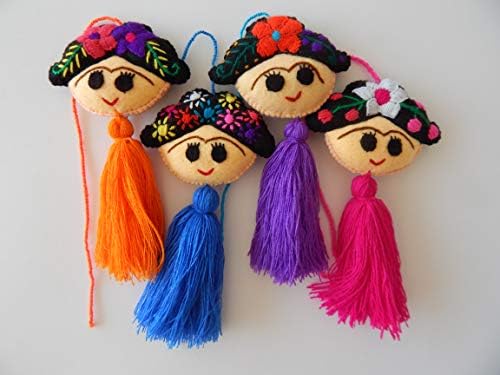 Azuleho - Frida Kahlo Favors - 4 Assorted PCS - Mexican Party Favors - Pom Pom Bag Charm - Bag Accessory - Birthday Present - Mexican Fiesta Decoration - Cinco de Mayo - Party Supplies