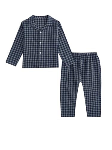 JiAmy Kids Christmas Pyjamas Girls Boys Plain Pyjamas Set Long Sleeve Top Check Bottoms Xmas PJs Navy Blue