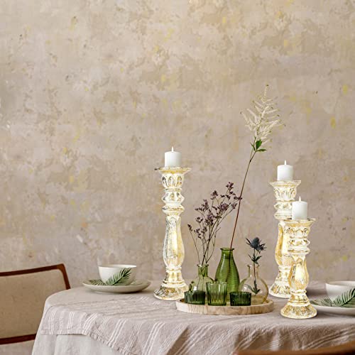 Descent Art Designs Carved Candle Holder Stand Wooden, Candalbras, Rounded Turned Columns Unity Candle Holders, Country Style Idle Gift For Wedding, Party, Home, Spa - 16,14,12 Inch - Gold Foil White #TOP1