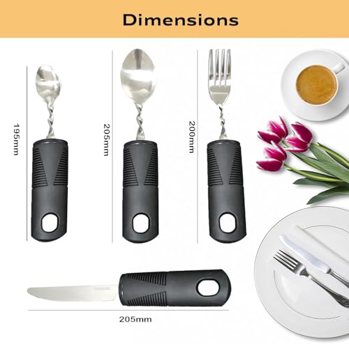 Besteck-Set für Parkinson, Senioren & Behinderte – Ergonomisches Essbesteck mit gebogenem, verdicktem Griff, flexibel & rutschfest, inkl. Löffel, Messer, Gabel