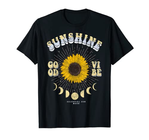 Vintage Retro Style Good Vibe Sunshine Sunflower Moon Phase Camiseta