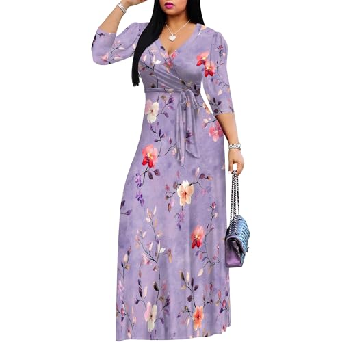 Image of Womens Floral Maxi Dress with Sleeves Elegant Evening Wear 3 /4 Sleeve Long Sundress with Belt