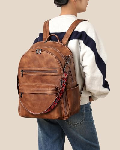 FADEON 15.6 inch Laptop Backpack Purse for Women Designer PU Leather Computer Backpacks Fashion for Work Travel Brown2