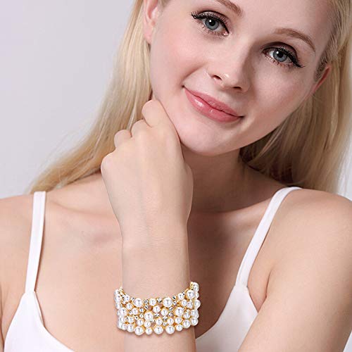 EVER FAITH Women's Crystal Simulated Pearl Stunning Bridal Wedding Hollow Elastic Stretch Bracelet2