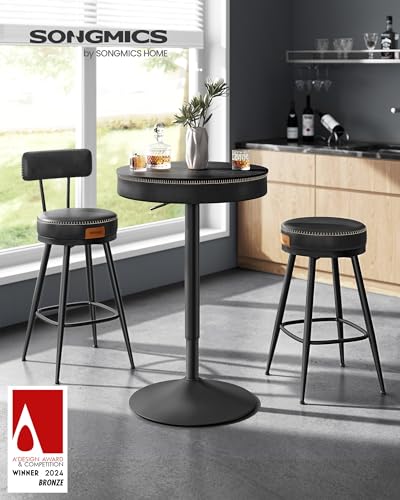 Image of VASAGLE Height Adjustable Bar Table, Round High Pub Table with Storage | PU Leather with Stitching, Transitional, Ink Black, EKHO Collection ULBT022B01
