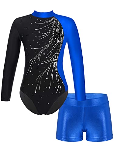 FEESHOW Mädchen Kinder Gymnastikanzug Ballett Gymnastikbody Turntrikot Gymnastikhose Shorts Sport Tanzoutfit Athletic Wettkampf Trainingsanzüge A_Blau 134-140/9-10 Jahre Cover