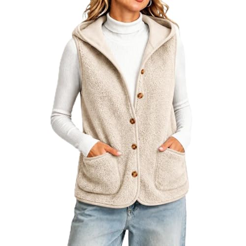 Womens Sherpa Fleece Vest Hooded Button Front Pockets Casual Fall Layering - image 1