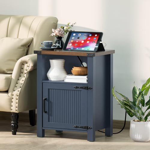 Farmhouse Nightstand with USB Port and Storage Shelf, Rustic End Table for Bedroom - Navy Blue