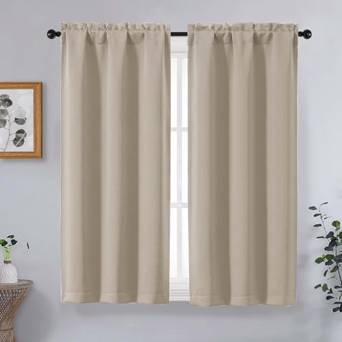 Image of Short Blackout Curtains for Bedroom 45 Inches Long 2 Panels Set, Solid Thermal Insulated Blackout Curtains, Energy Saving Soft Fabric Window Drapes, Dual Rod Pocket, 2x40Wx45L, Biscotti Beige