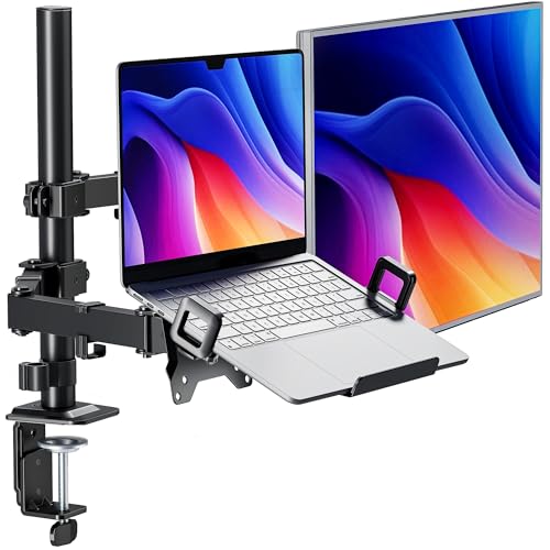 monTEK 2-in-1 Monitor Halterung mit Laptop-Halter Höhenverstellbarer Schreibtischständer für bis zu 32 Zoll Monitor & 17' Laptop, Max. 10KG, C-Klemme & Grommet-Befestigung
